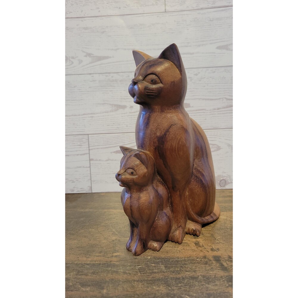 Hand Carved Wooden Cats Figurine Mother Kitten Mid-Century 6-Inch Desk Display